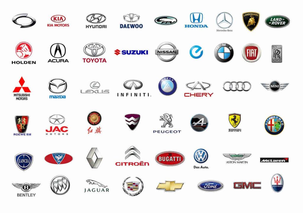 Many different car logos are shown on a white background.