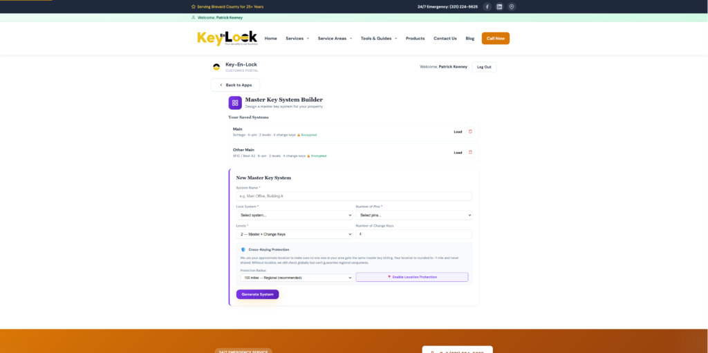 Master Key System Builder interface in Key-En-Lock customer portal